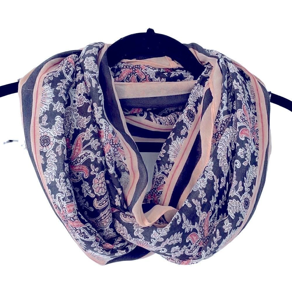 Infinity loop scarf in pink, peach, & dark blue classic print w stripe border